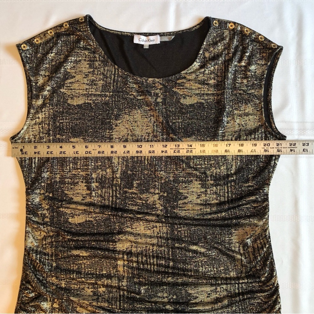 Calvin Klein Gold & Black Graphic Cap Sleeve Blouse with Side Ruche Size XL - Picture 5 of 9